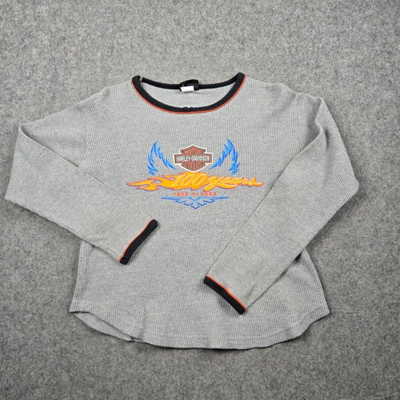 Vintage Harley Davidson Thermal Shirt Womens XL Gray 100th Anniversary Biker Y2K - Picture 2 of 15
